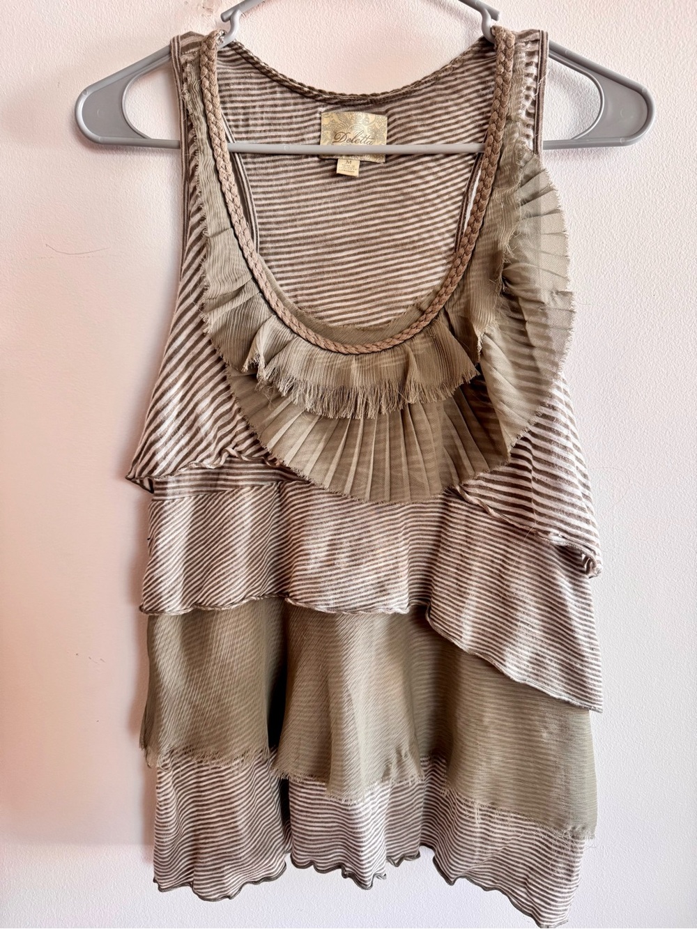 Deletta Anthropologie Green Striped Ruffle Tiered Tank Top | Size M